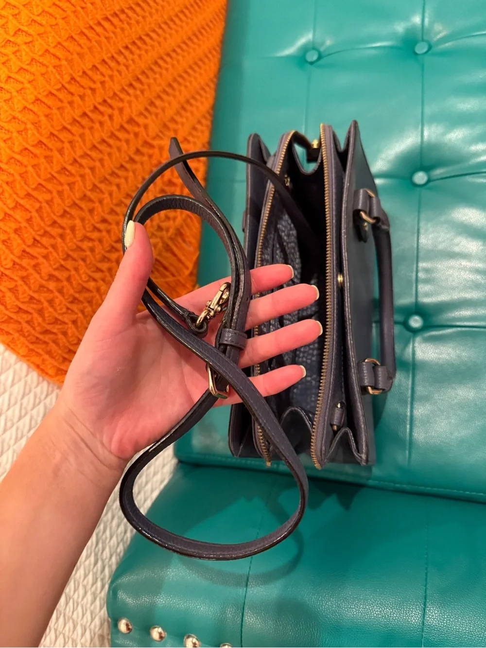 kate spade navy pebbled leather top-handle satchel with gold hardware